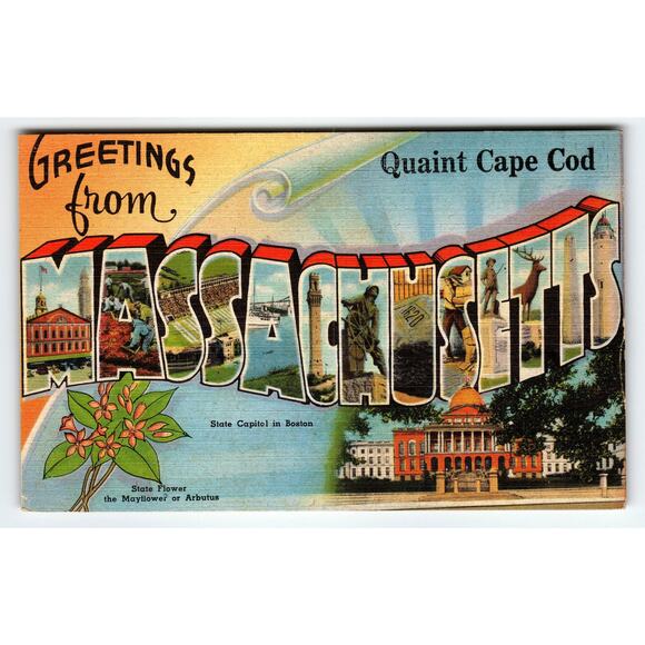 Quaint Cape Cod Vintage Massachusetts Large Letter Postcard 1940s - Picture 1 of 2